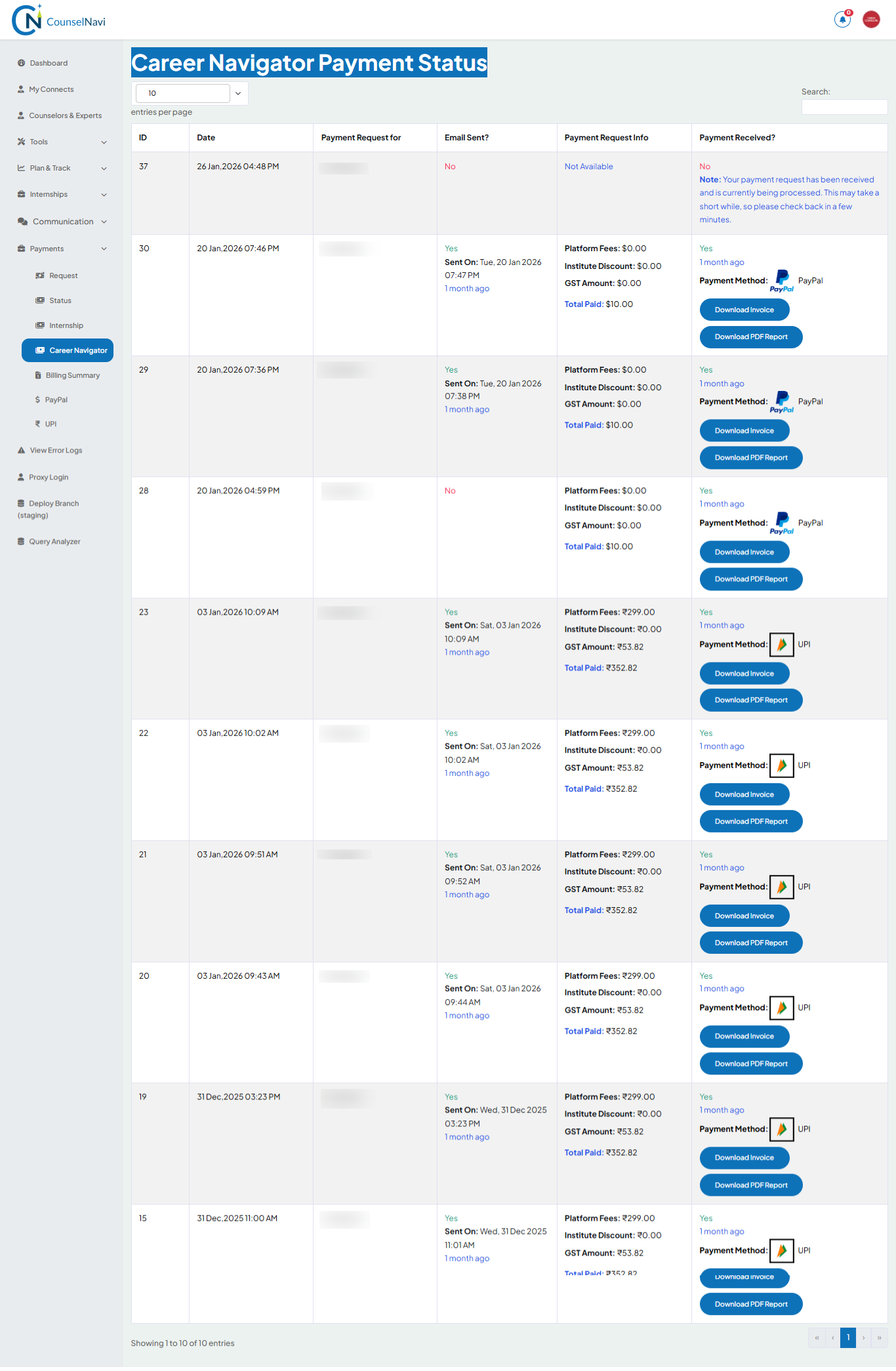 Career Navigator Payment Status
