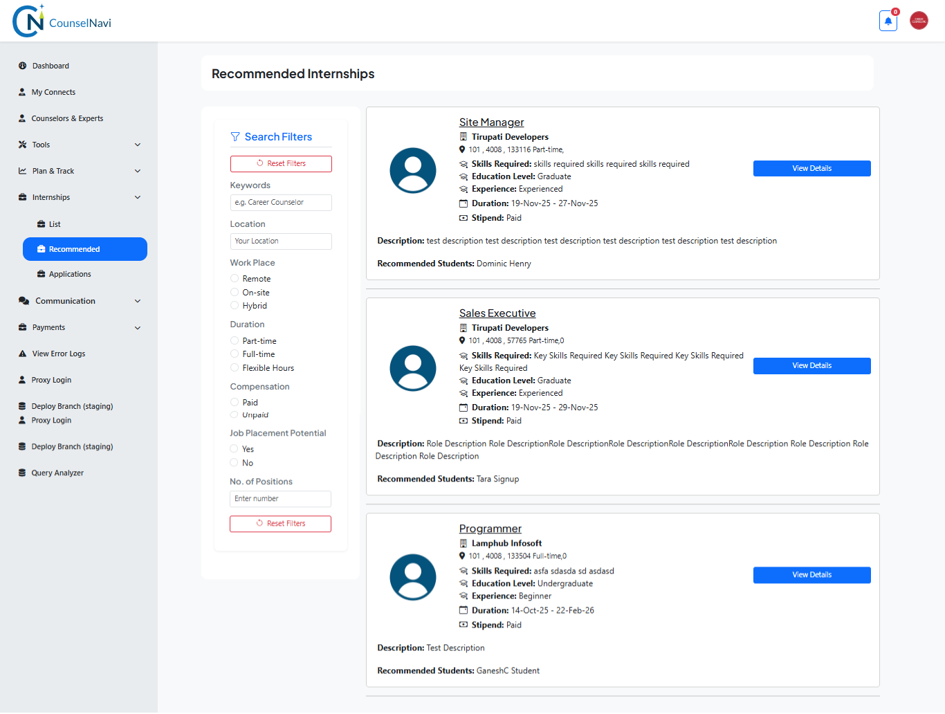 Recommend Internship