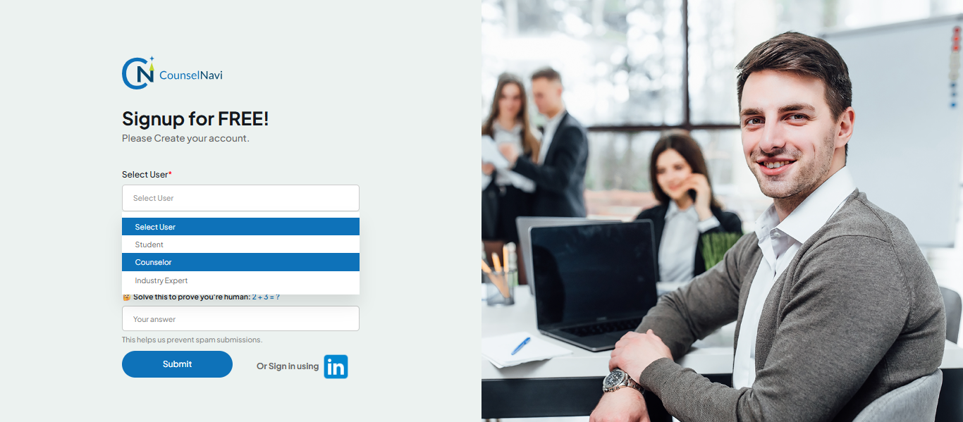Counsellor Signup Screen Dropdown
