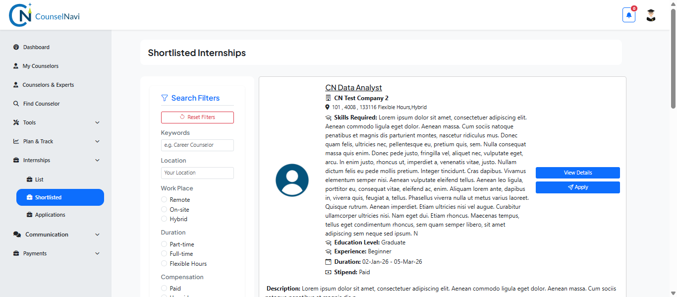 Shortlisted Internship Listing