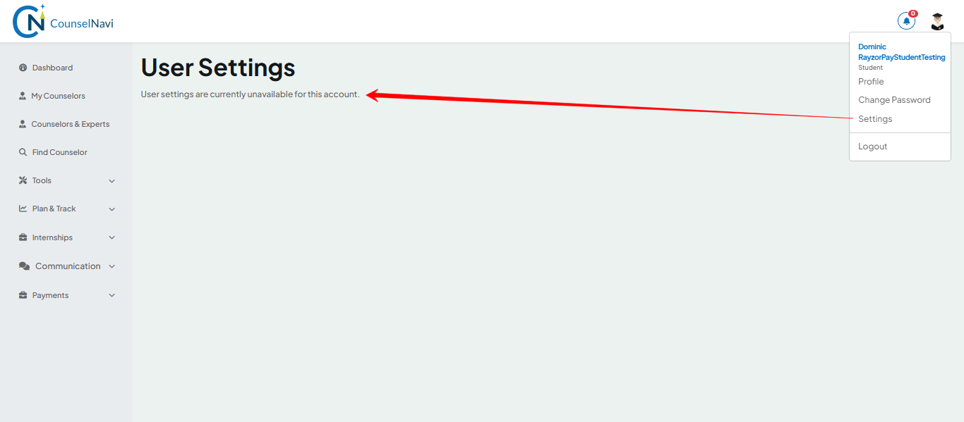 User Settings Screen